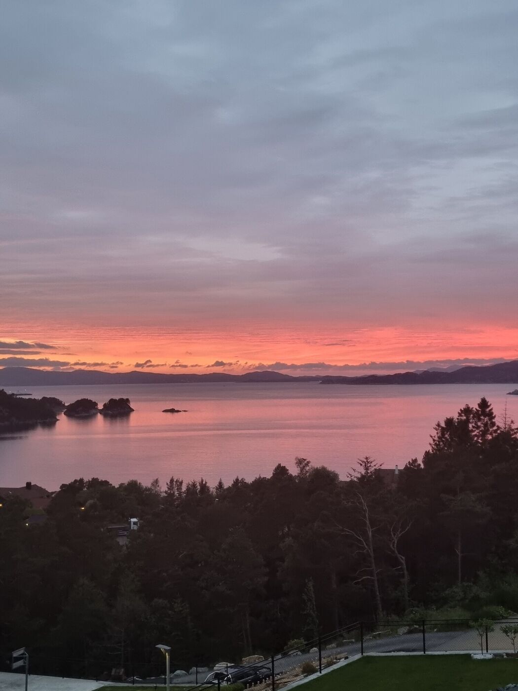 Rosa og gyllen solnedgangshimmel over fjorden